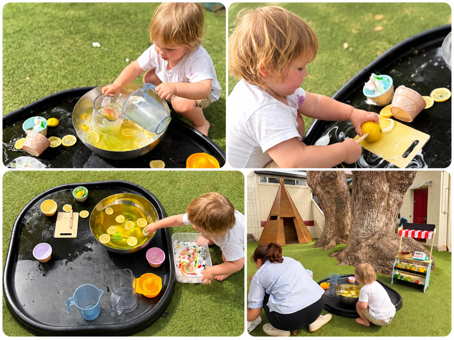 Lemon halves, a mixing bowl and a spoon sit on a tray ready for lemonade making.